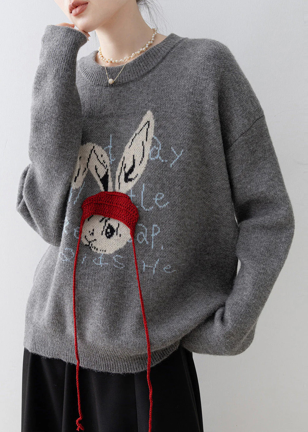 Plus Size Grey Oversized Rabbit Jacquard Knit Pullover Winter - Image 2