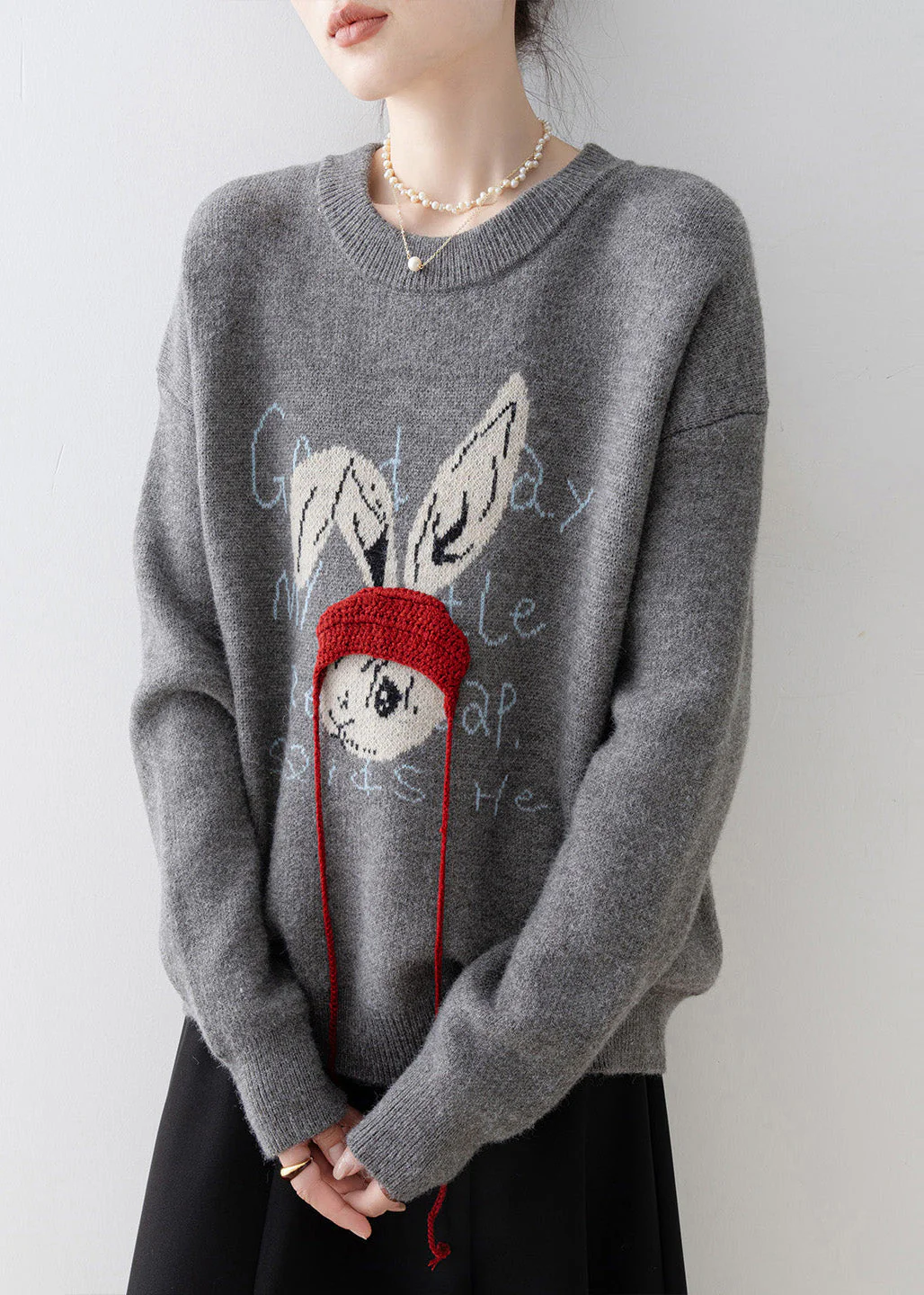 Plus Size Grey Oversized Rabbit Jacquard Knit Pullover Winter - Image 3