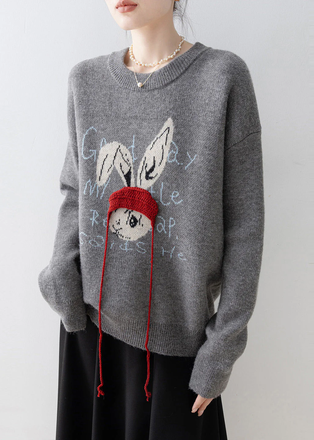 Plus Size Grey Oversized Rabbit Jacquard Knit Pullover Winter - Image 4