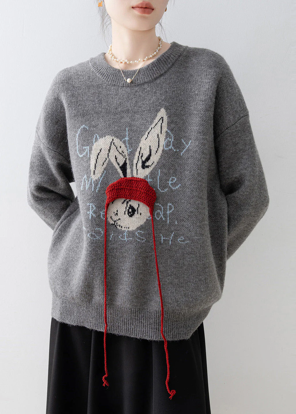 Plus Size Grey Oversized Rabbit Jacquard Knit Pullover Winter - Image 5