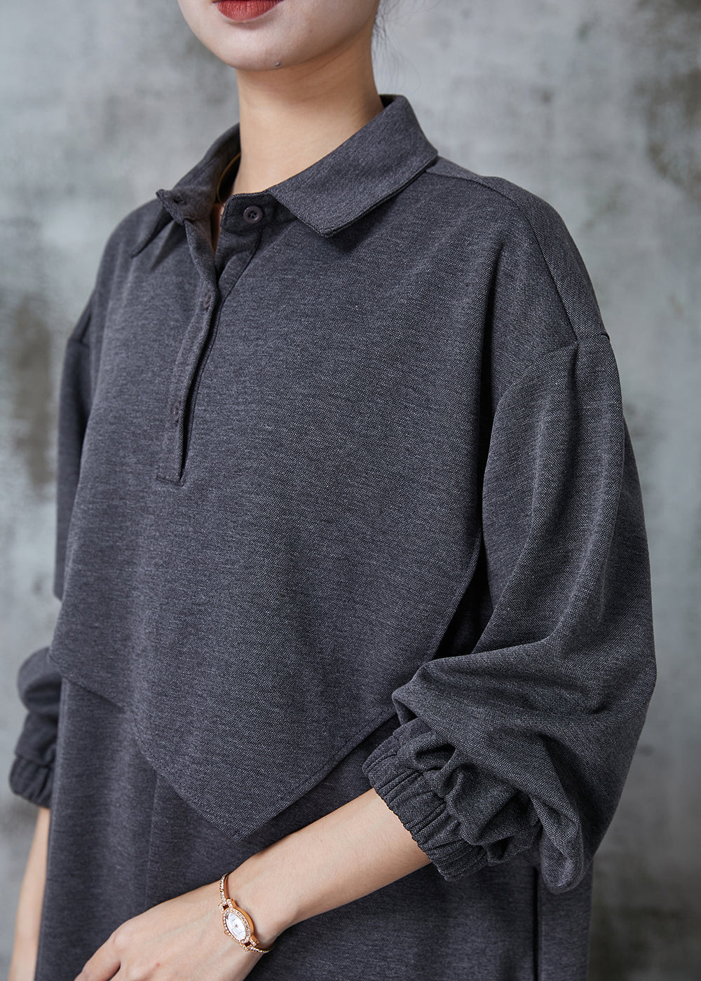 Plus Size Grey Peter Pan Collar Patchwork Cotton Maxi Dresses Spring - Image 5