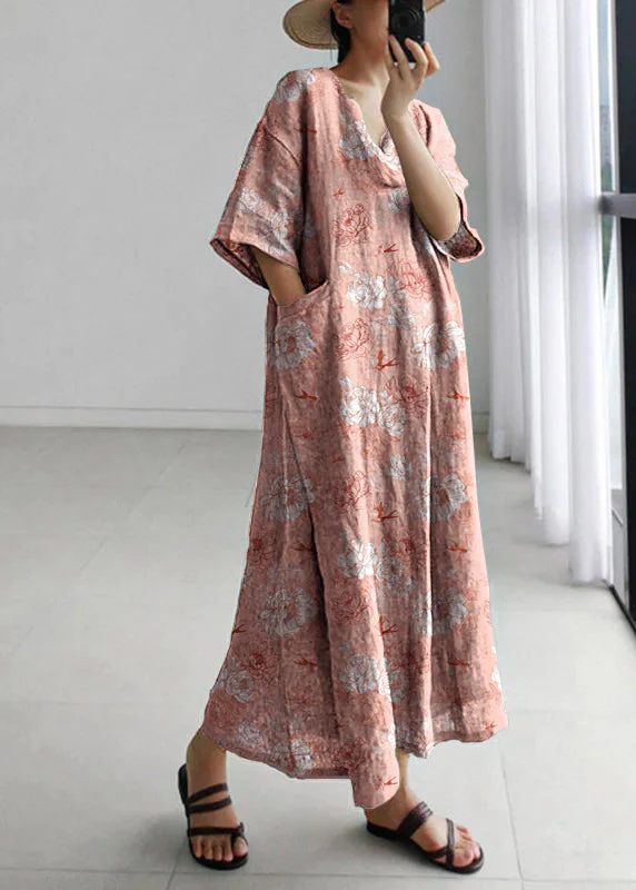 Plus Size Grey Peter Pan Collar Pockets Linen Long Dresses Short Sleeve - Image 10