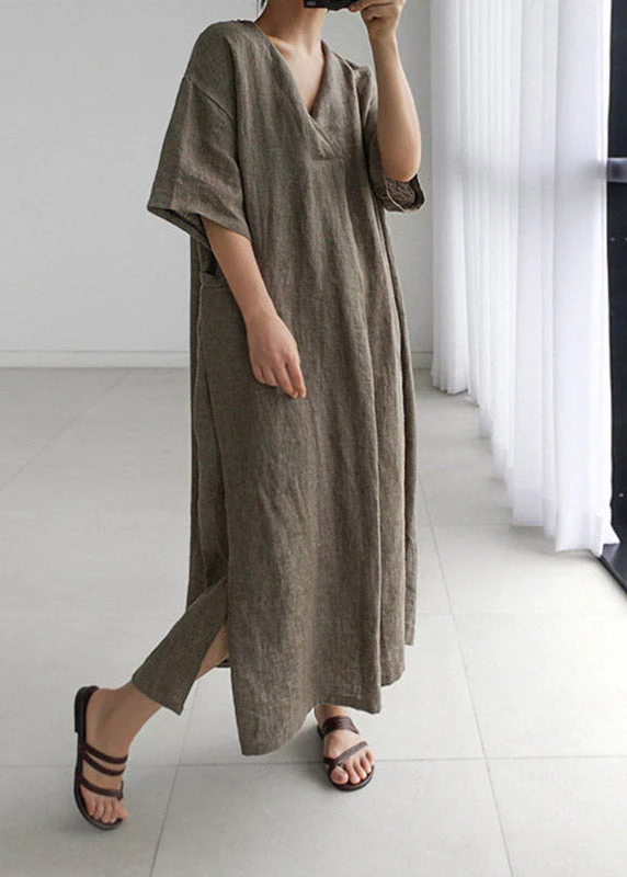 Plus Size Grey Peter Pan Collar Pockets Linen Long Dresses Short Sleeve - Image 2