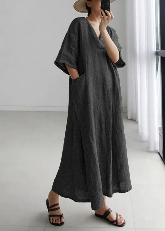 Plus Size Grey Peter Pan Collar Pockets Linen Long Dresses Short Sleeve - Image 6