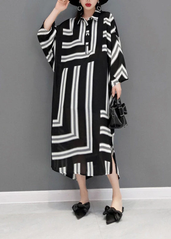 Plus Size Grey Peter Pan Collar Side Open Striped Button Dresses Batwing Sleeve - Image 2