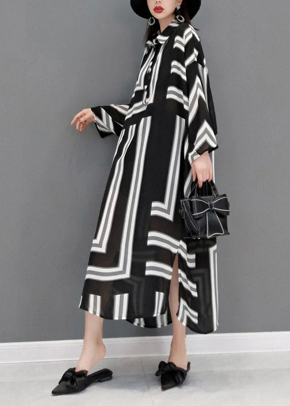 Plus Size Grey Peter Pan Collar Side Open Striped Button Dresses Batwing Sleeve - Image 3