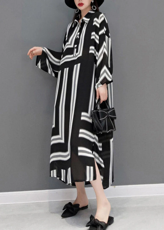 Plus Size Grey Peter Pan Collar Side Open Striped Button Dresses Batwing Sleeve - Image 4