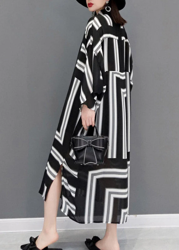 Plus Size Grey Peter Pan Collar Side Open Striped Button Dresses Batwing Sleeve - Image 5