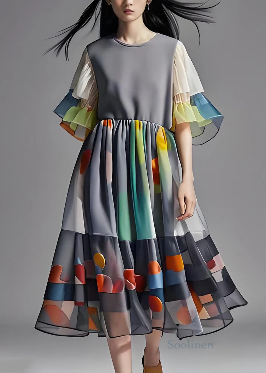 Plus Size Grey Print Wrinkled Patchwork Chiffon Long Dress Summer - Image 2