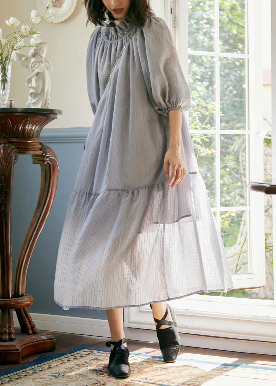 Plus Size Grey Purple Ruffled Lace Up Patchwork Cotton Dress Summer - Image 2