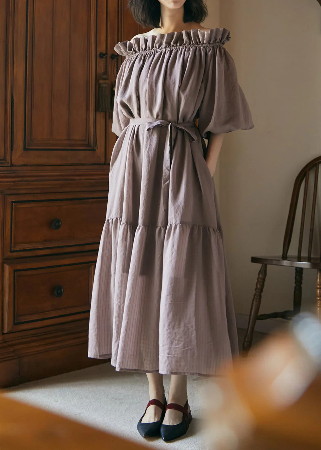 Plus Size Grey Purple Ruffled Lace Up Patchwork Cotton Dress Summer - Image 3