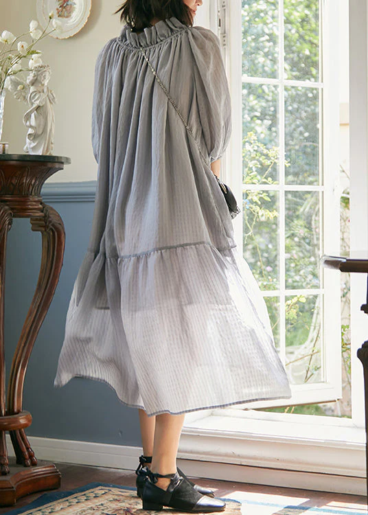 Plus Size Grey Purple Ruffled Lace Up Patchwork Cotton Dress Summer - Image 4