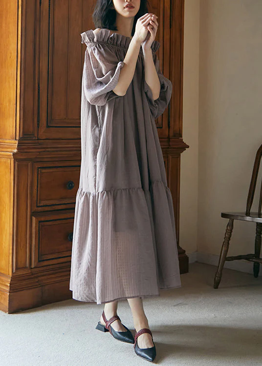 Plus Size Grey Purple Ruffled Lace Up Patchwork Cotton Dress Summer - Image 5