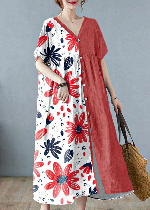 Plus Size Grey Retro Button Summer Print Half Sleeve Maxi Dress - Image 7
