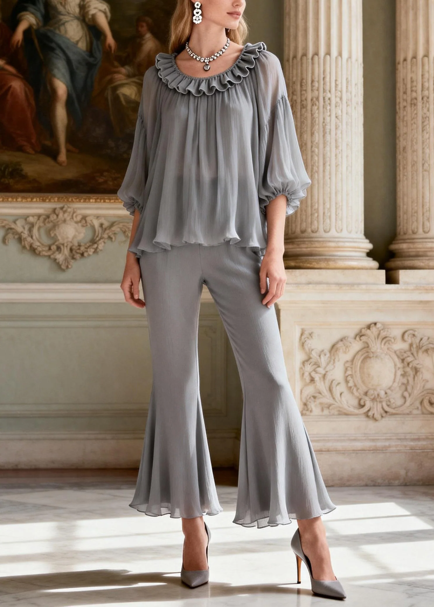 Plus Size Grey Ruffled Patchwork Silk Two Pieces Set Summer - Image 3