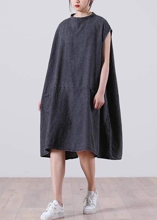 Plus Size Grey Sleeveless Pockets Loose Vacation Summer Cotton Dress - Image 3