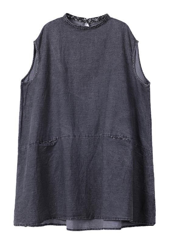Plus Size Grey Sleeveless Pockets Loose Vacation Summer Cotton Dress - Image 5