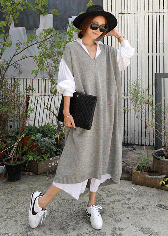 Plus Size Grey V Neck Knit Long Dress Short Sleeve - Image 2
