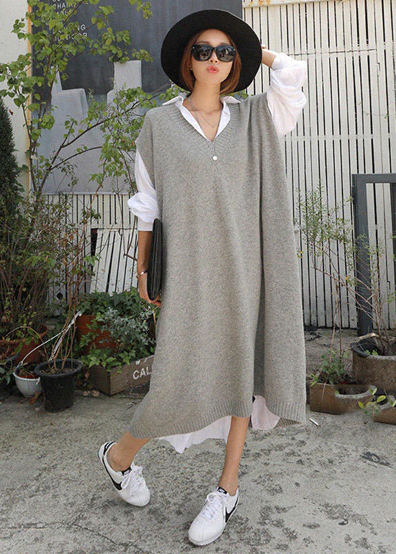 Plus Size Grey V Neck Knit Long Dress Short Sleeve - Image 3