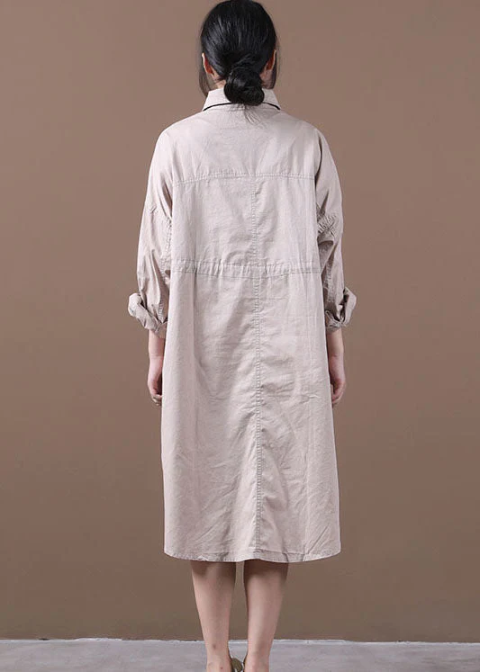 Plus Size Khaki Drawstring Side Open Cotton Shirt Dress Long Sleeve - Image 3