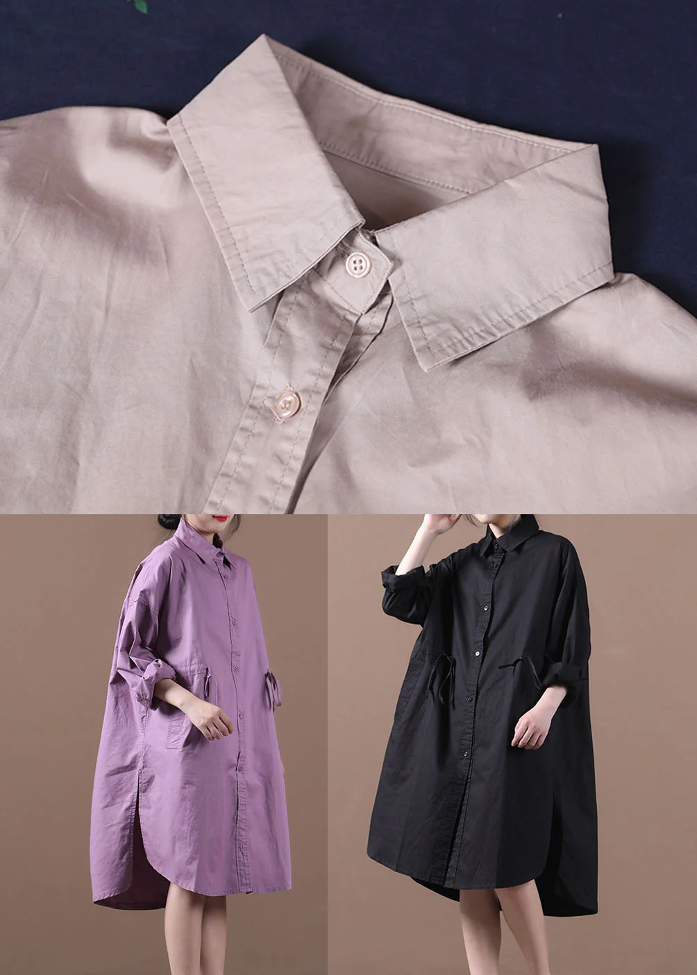 Plus Size Khaki Drawstring Side Open Cotton Shirt Dress Long Sleeve - Image 4