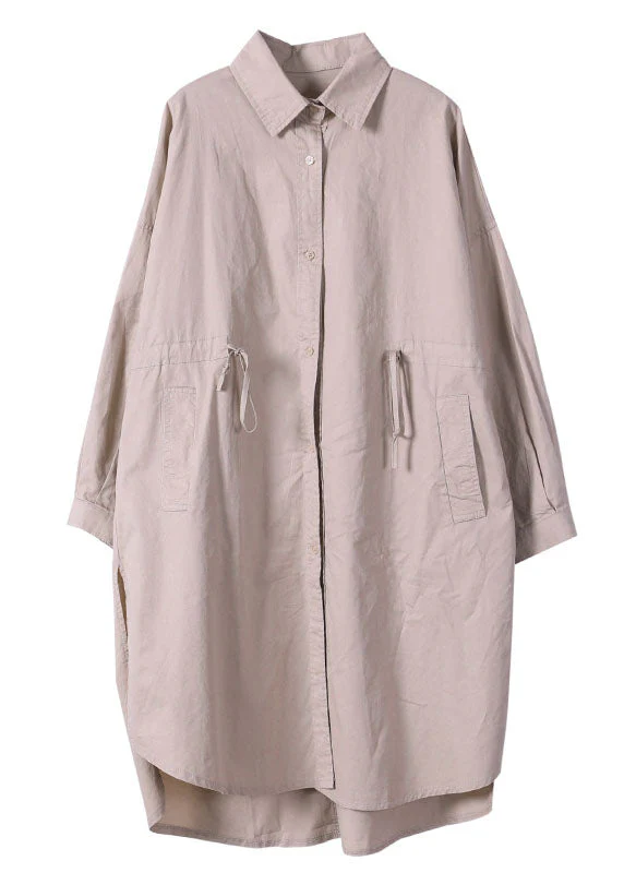 Plus Size Khaki Drawstring Side Open Cotton Shirt Dress Long Sleeve - Image 5