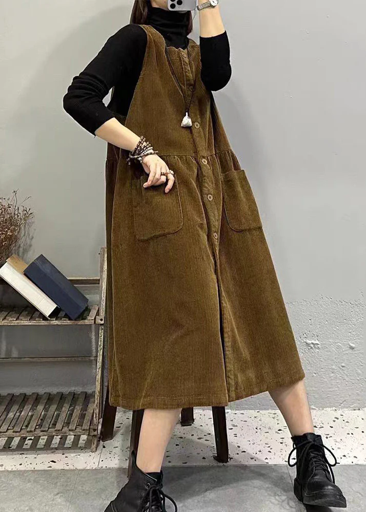 Plus Size Khaki O Neck Button Pockets Corduroy Long Dresses Sleeveless - Image 4