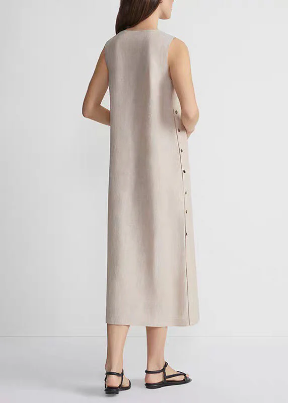 Plus Size Khaki O-Neck Low High Design Robe Dresses Sleeveless - Image 3