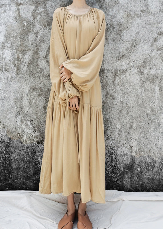 Plus Size Khaki O-Neck Patchwork Lazy Long Dresses Long Sleeve - Image 3
