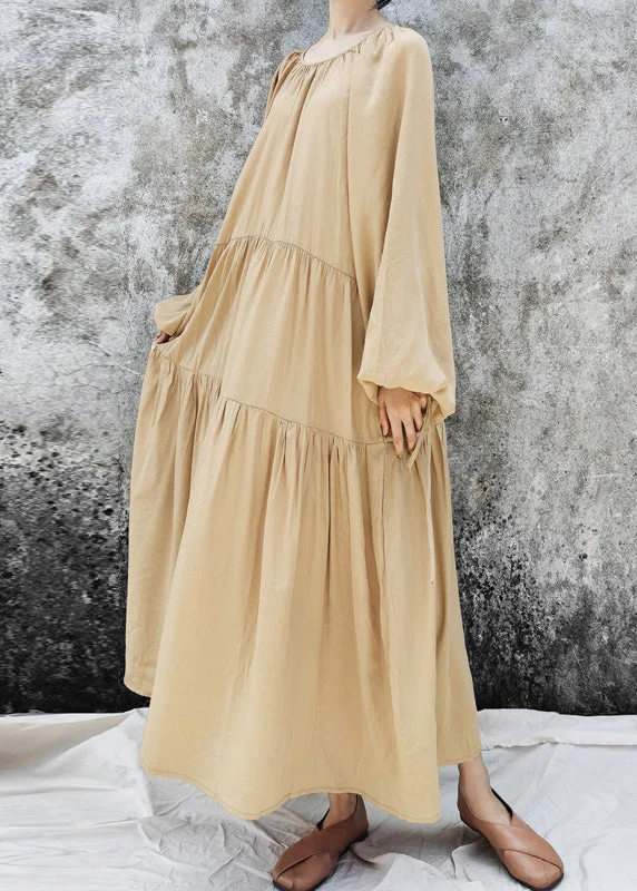 Plus Size Khaki O-Neck Patchwork Lazy Long Dresses Long Sleeve - Image 5