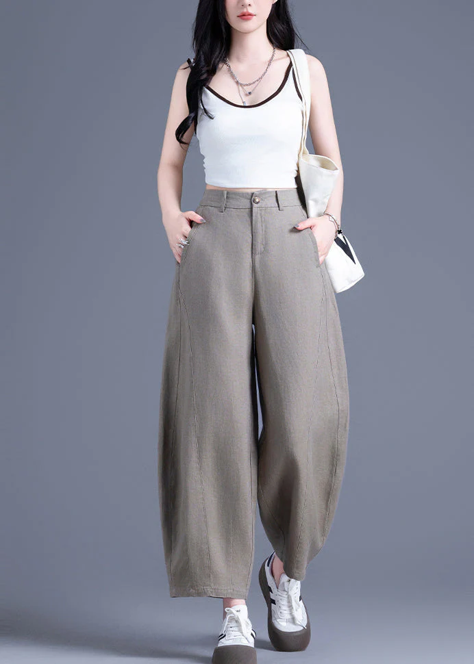 Plus Size Khaki Oversized Pockets Linen Harem Pants Summer - Image 4