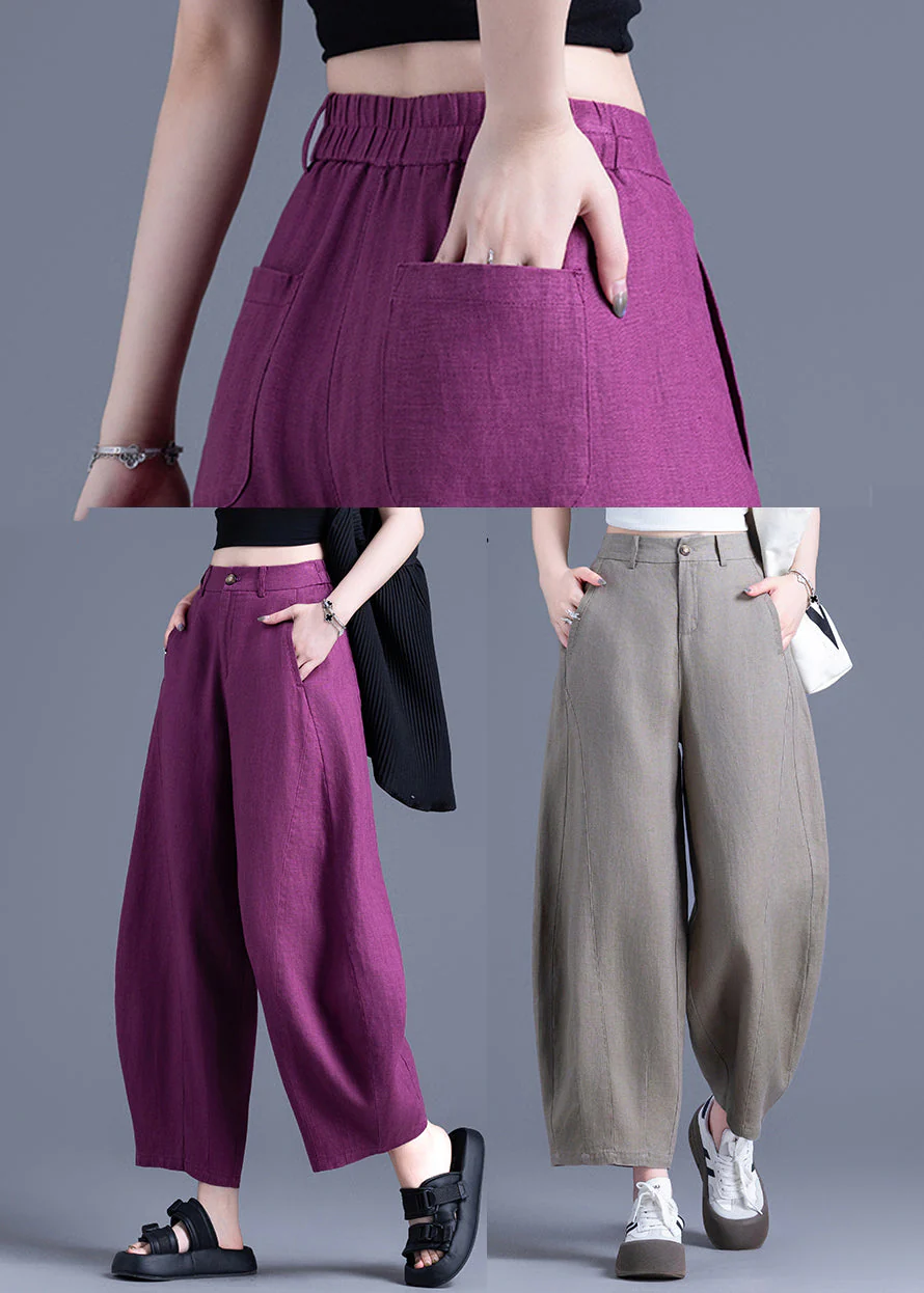 Plus Size Khaki Oversized Pockets Linen Harem Pants Summer - Image 5