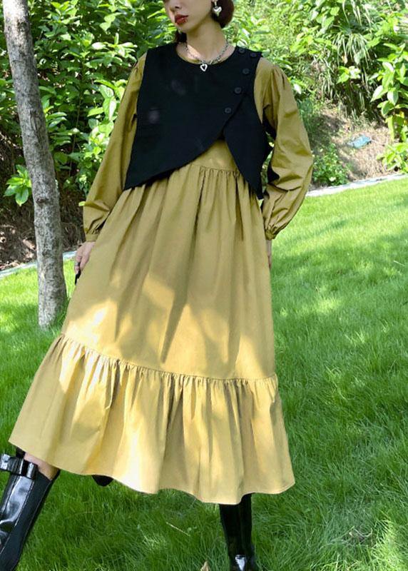 Plus Size Khaki Patchwork Button Fall Maxi Dress Long sleeve - Image 2