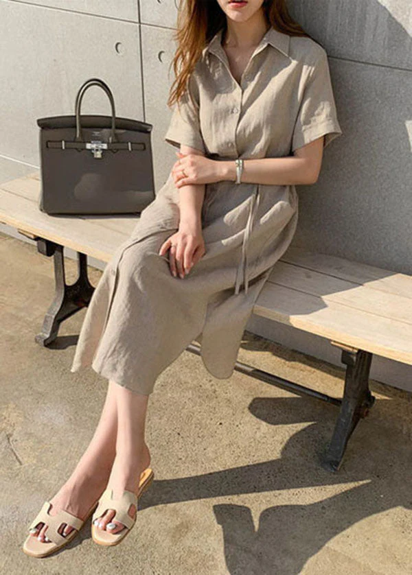 Plus Size Khaki Peter Pan Collar Cinched shirts Dress Short Sleeve - Image 4