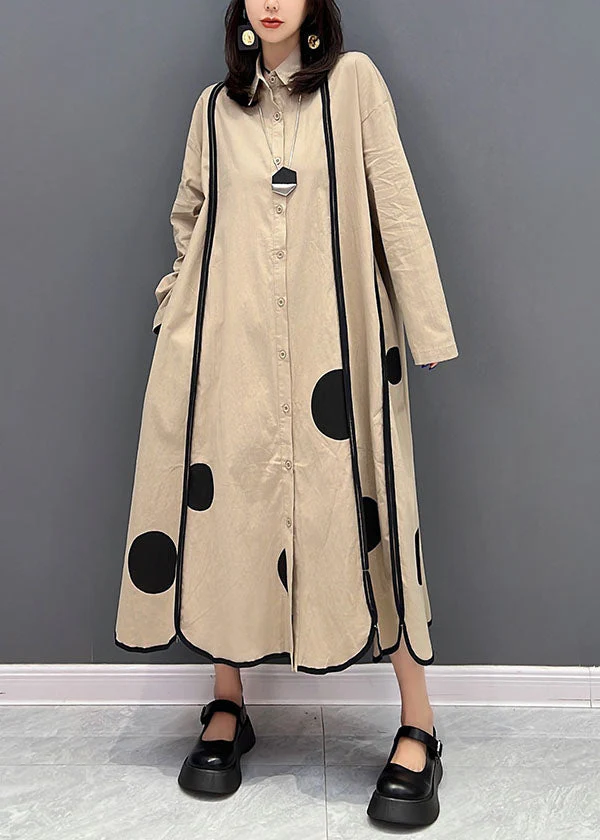 Plus Size Khaki Peter Pan Collar Patchwork Dot Print Cotton Vacation Dresses Fall - Image 2