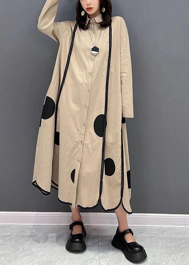 Plus Size Khaki Peter Pan Collar Patchwork Dot Print Cotton Vacation Dresses Fall - Image 3
