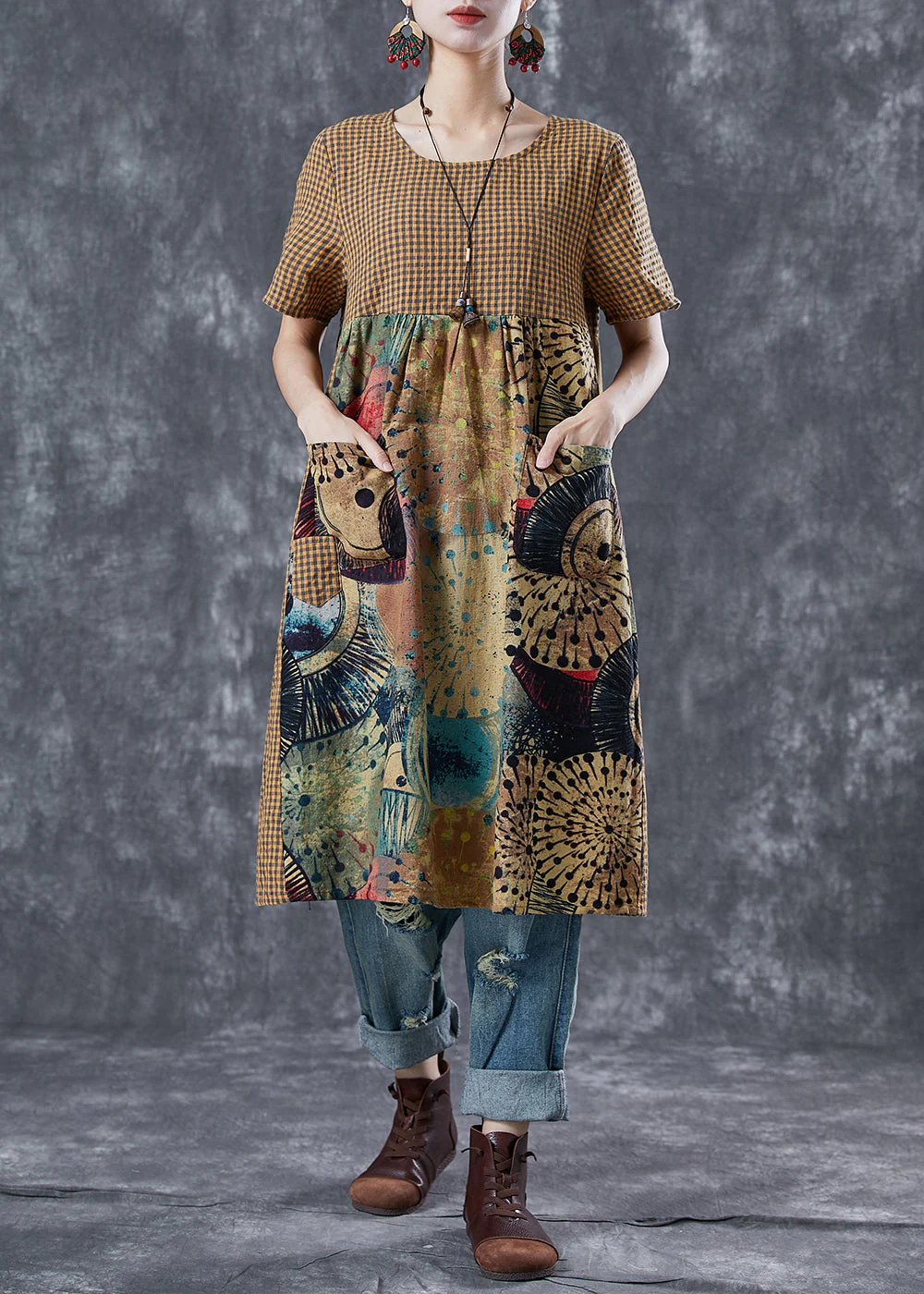 Plus Size Khaki Plaid Patchwork Print Linen Vacation Dresses Summer - Image 2
