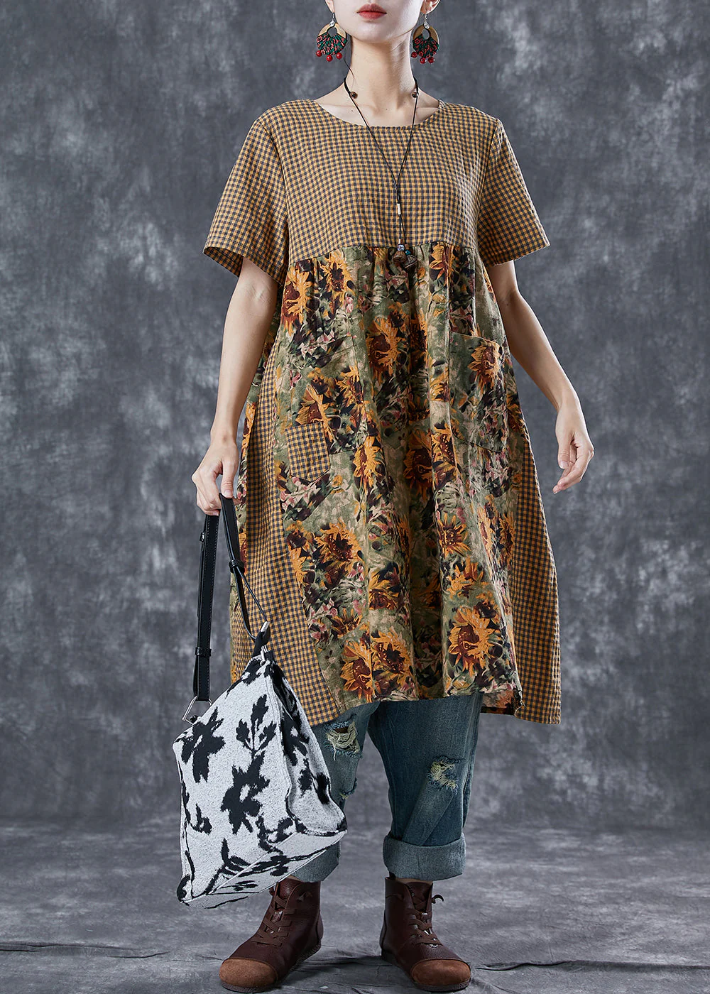 Plus Size Khaki Plaid Patchwork Print Linen Vacation Dresses Summer - Image 3