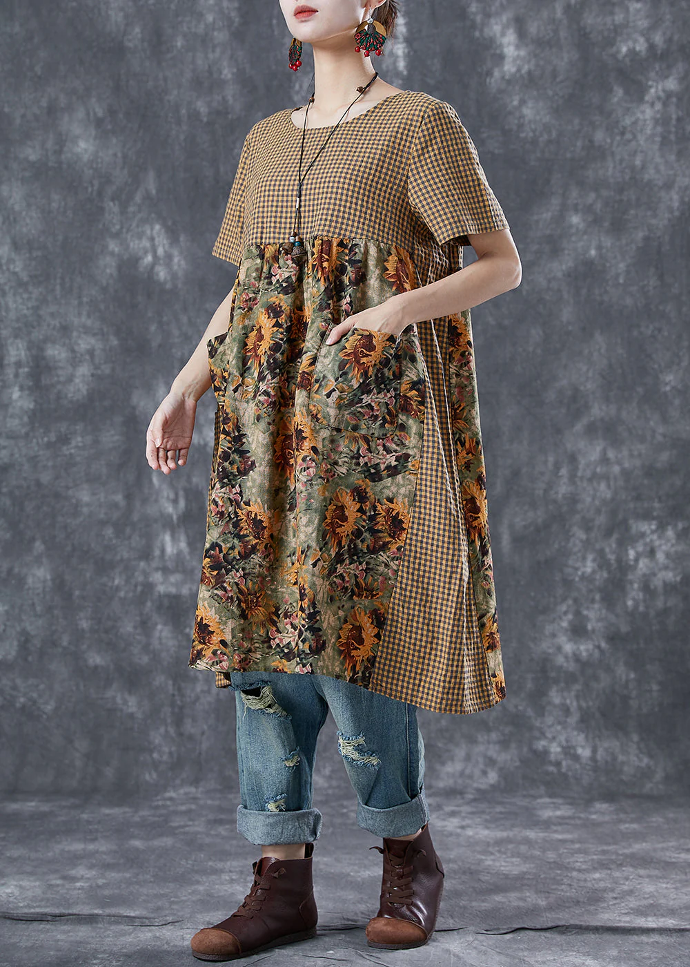 Plus Size Khaki Plaid Patchwork Print Linen Vacation Dresses Summer - Image 4
