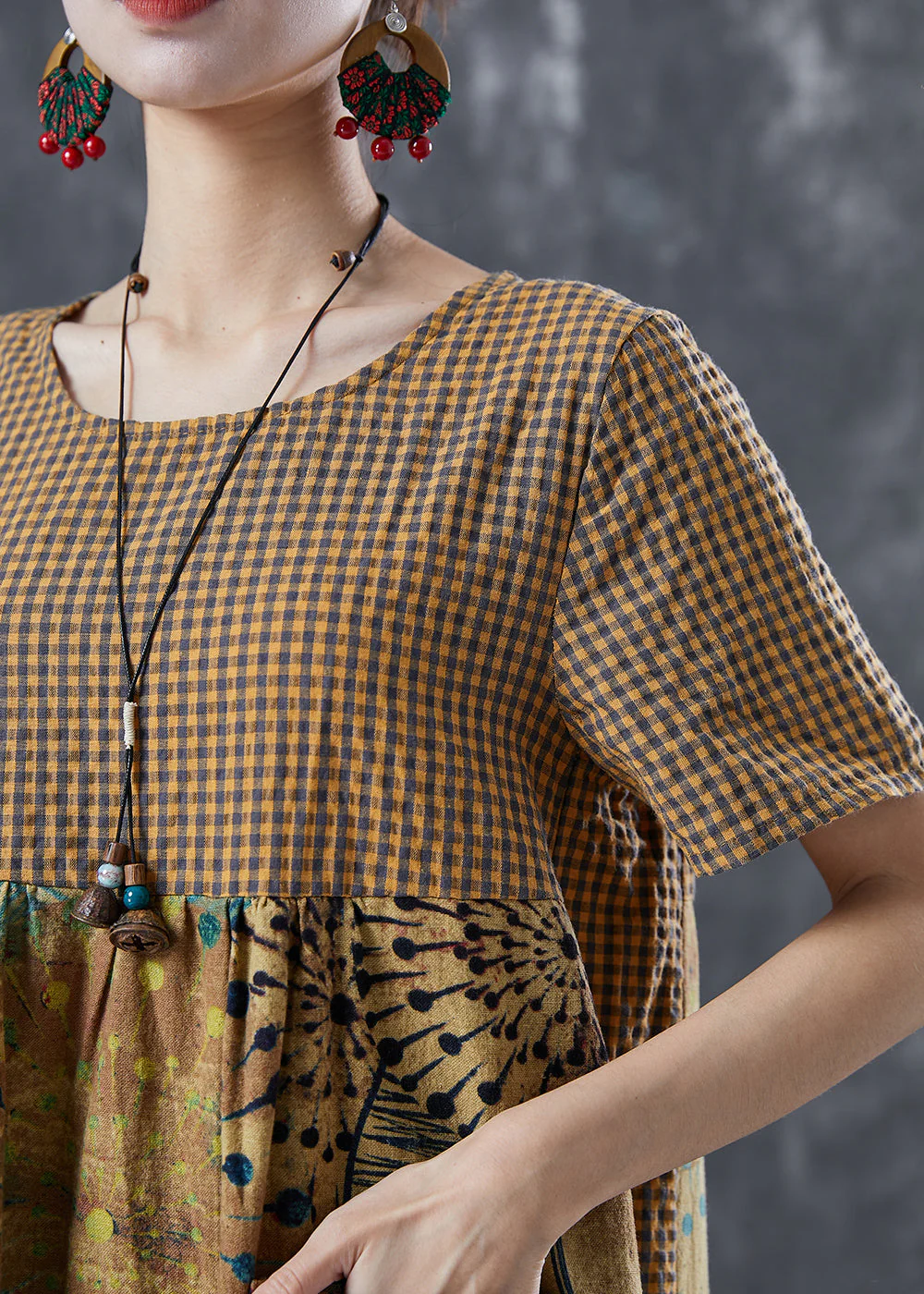 Plus Size Khaki Plaid Patchwork Print Linen Vacation Dresses Summer - Image 5