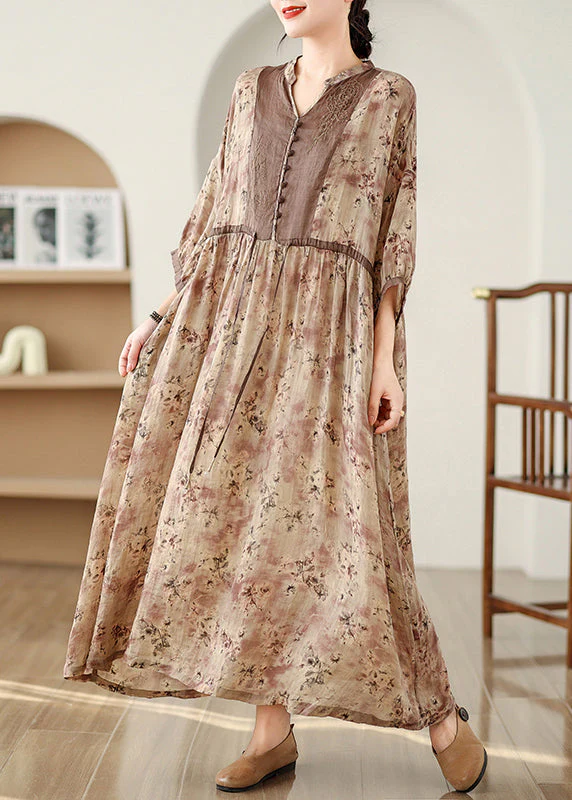 Plus Size Khaki Print Tie Waist Pockets Cotton Long Dresses Fall - Image 3