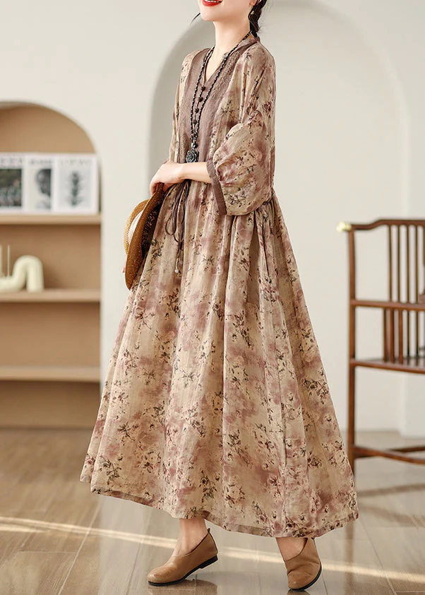 Plus Size Khaki Print Tie Waist Pockets Cotton Long Dresses Fall - Image 4