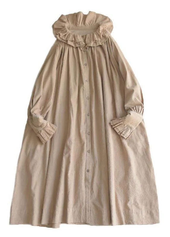 Plus Size Khaki Ruffled Button Corduroy Long Dresses Spring - Image 3