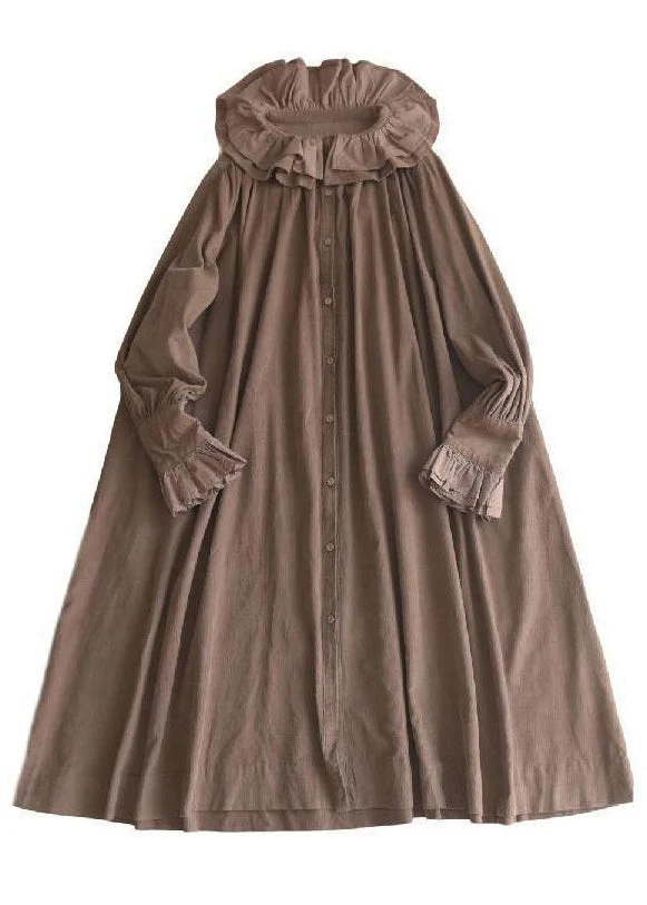 Plus Size Khaki Ruffled Button Corduroy Long Dresses Spring - Image 4