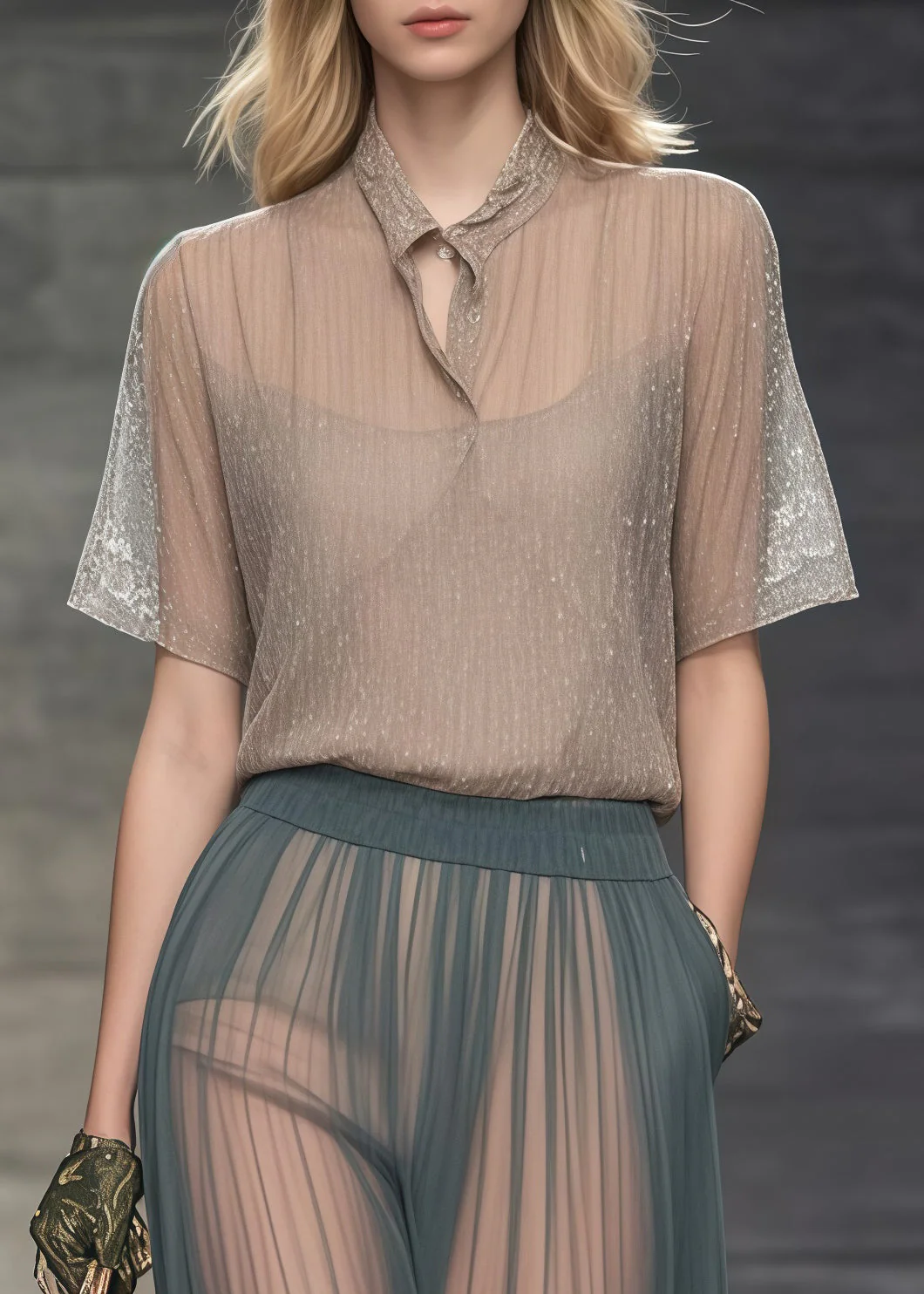 Plus Size Khaki Stand Collar Sheer Tulle Blouse Tops Summer - Image 5