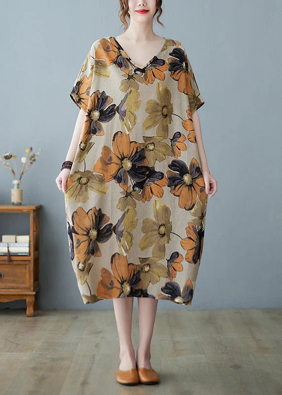 Plus Size Khaki geometry V Neck Print Long Dress Short Sleeve - Image 2