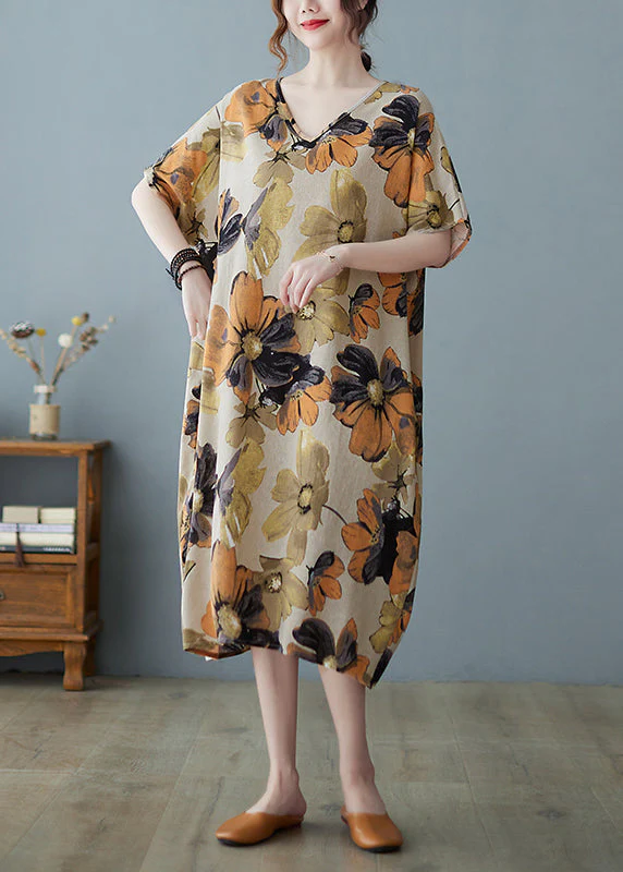 Plus Size Khaki geometry V Neck Print Long Dress Short Sleeve - Image 3