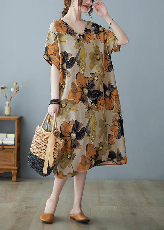 Plus Size Khaki geometry V Neck Print Long Dress Short Sleeve - Image 5