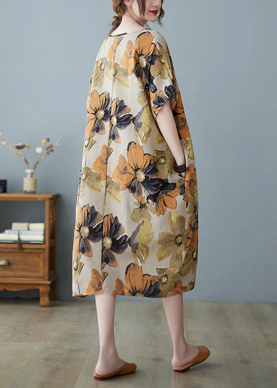 Plus Size Khaki geometry V Neck Print Long Dress Short Sleeve - Image 6