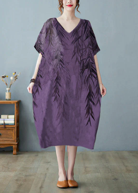 Plus Size Khaki geometry V Neck Print Long Dress Short Sleeve - Image 7
